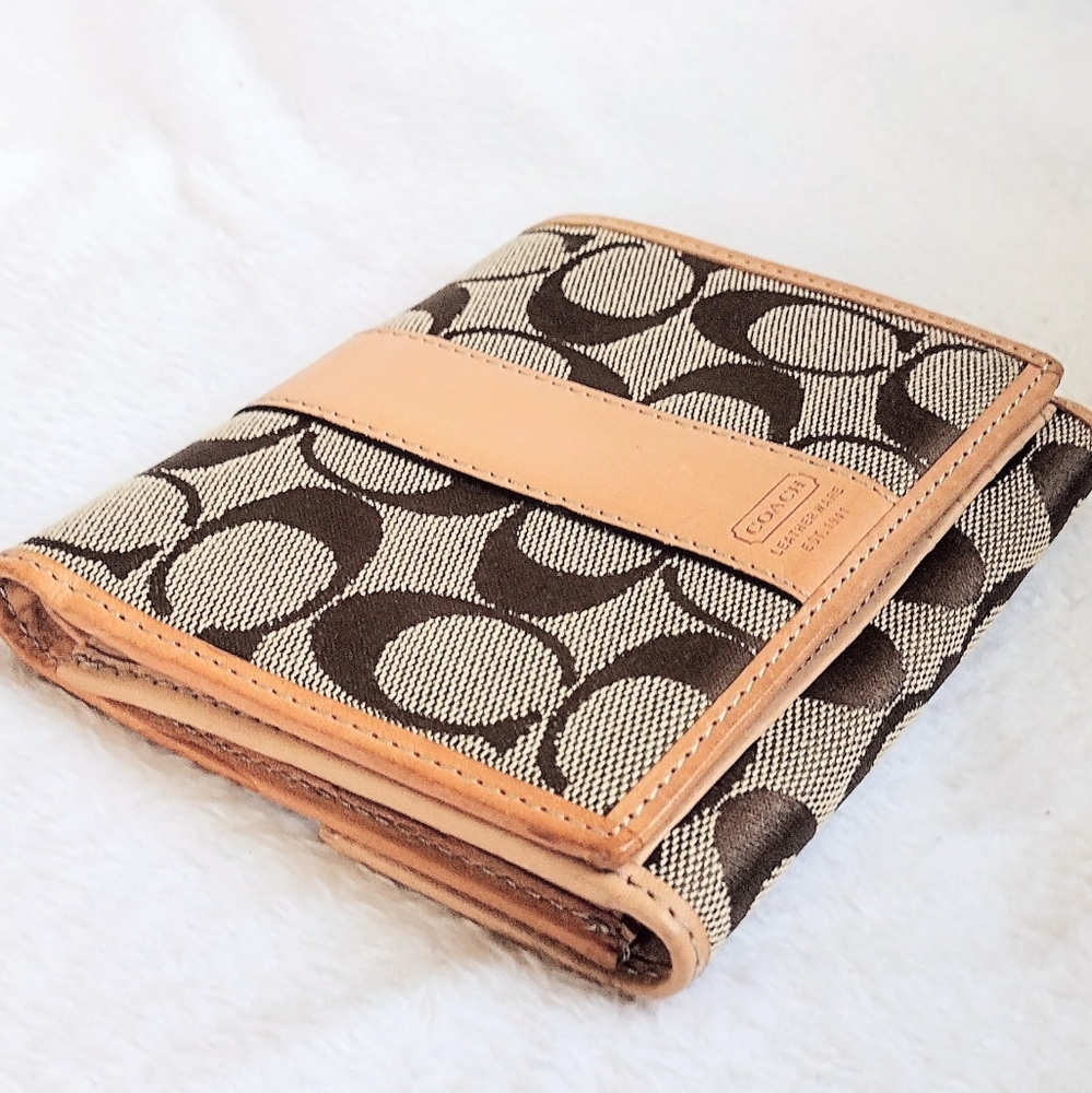 😍 Vintage Y2K Coach Hampton Khaki Signature Stripe Compact Clutch Wallet - Picture 4 of 12